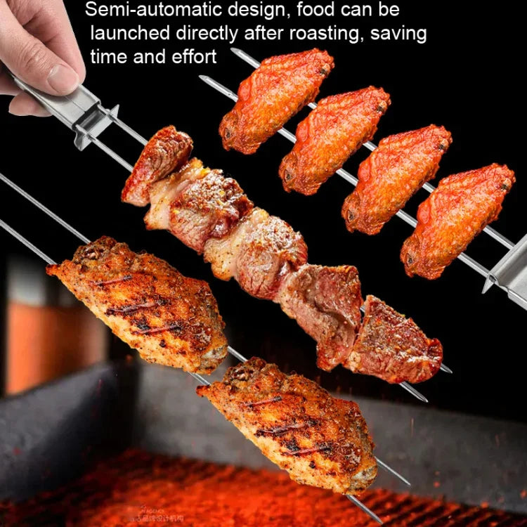 2 Peças de Garfo Duplo Semi-Automático em Aço Inoxidável para Churrasco ao Ar Livre, 2 Peças de Ferramenta para Churrasco