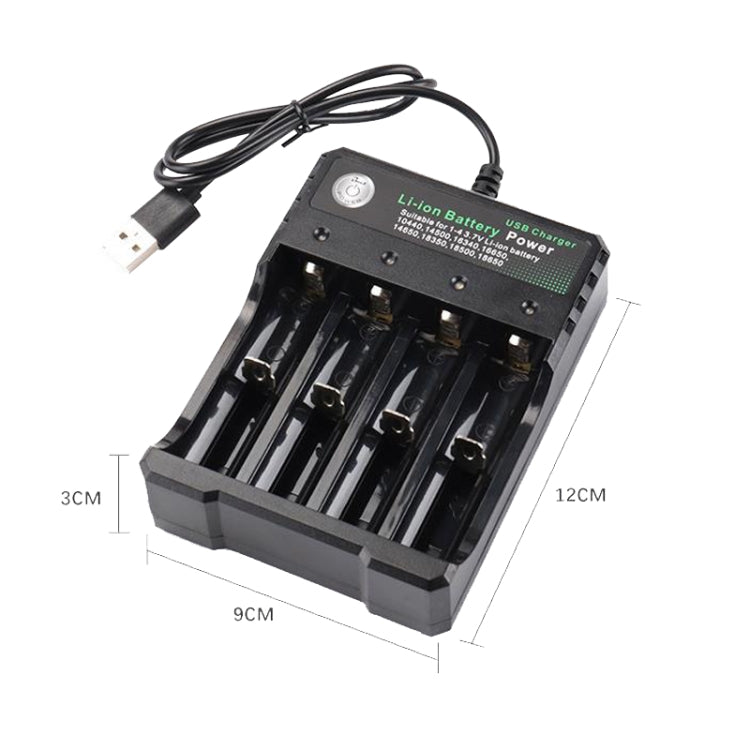 Carregador USB Independente para 4 Baterias 18650 4,2V de Lítio, 4 Slots USB (Preto)