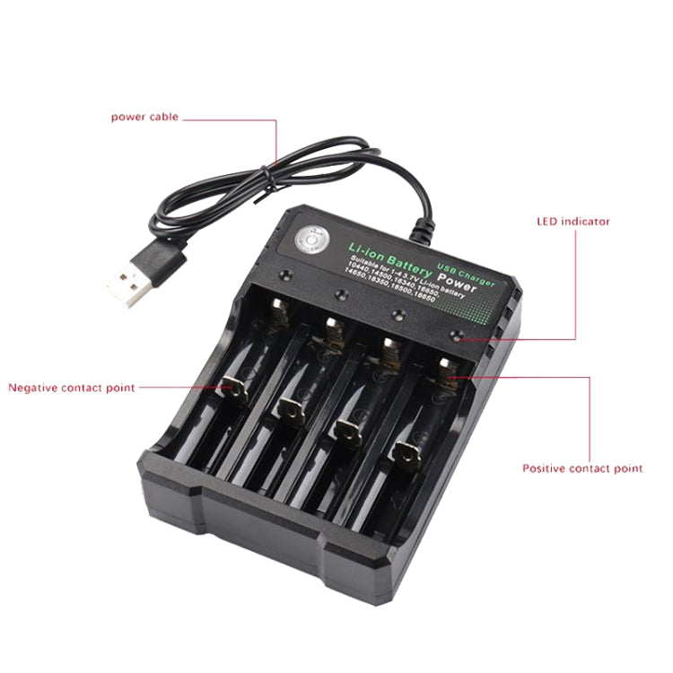 Carregador USB Independente para 4 Baterias 18650 4,2V de Lítio, 4 Slots USB (Preto)