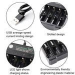 Carregador USB Independente para 4 Baterias 18650 4,2V de Lítio, 4 Slots USB (Preto)