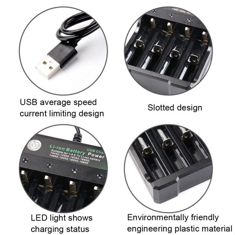 Carregador USB Independente para 4 Baterias 18650 4,2V de Lítio, 4 Slots USB (Preto)