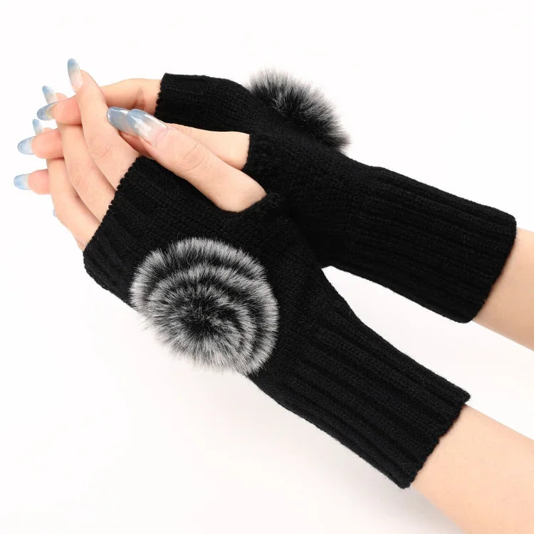 Luvas de Inverno para Mulher Sem Dedos com Bola de Pêlo, Mangas Quentes de Lã Tricotada, Preto, Branco, Cinzento Escuro, Cinzento Claro, Café, Vinho Vermelho, Caqui, Cor Creme