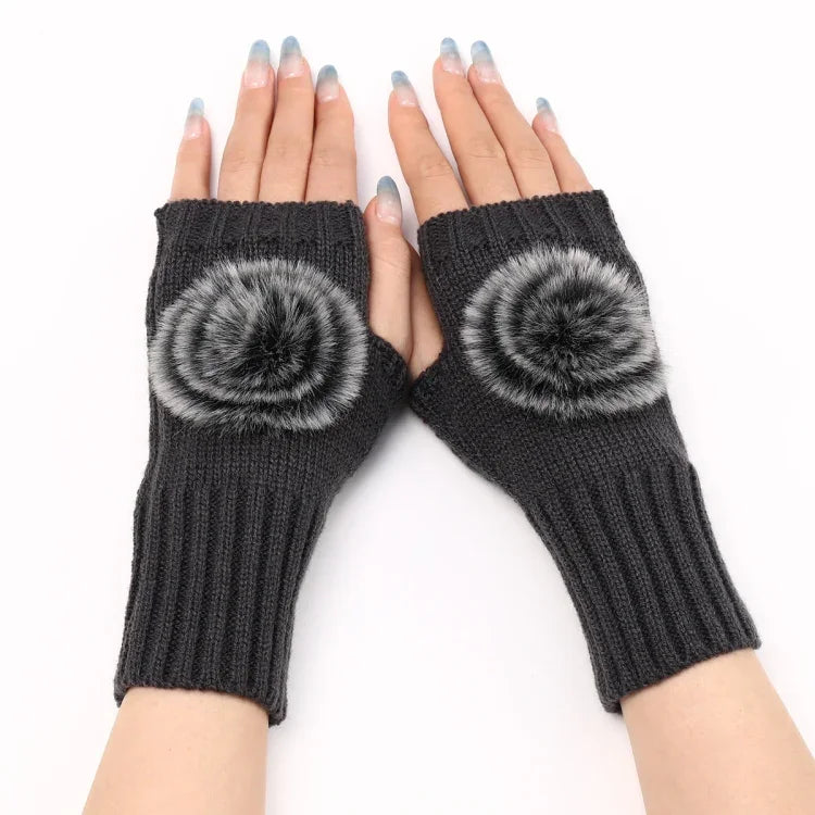 Luvas de Inverno para Mulher Sem Dedos com Bola de Pêlo, Mangas Quentes de Lã Tricotada, Preto, Branco, Cinzento Escuro, Cinzento Claro, Café, Vinho Vermelho, Caqui, Cor Creme