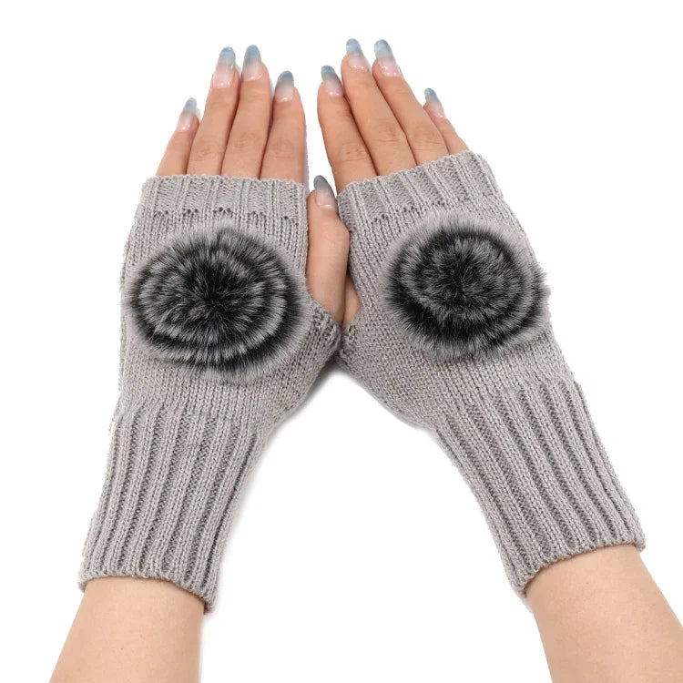 Luvas de Inverno para Mulher Sem Dedos com Bola de Pêlo, Mangas Quentes de Lã Tricotada, Preto, Branco, Cinzento Escuro, Cinzento Claro, Café, Vinho Vermelho, Caqui, Cor Creme