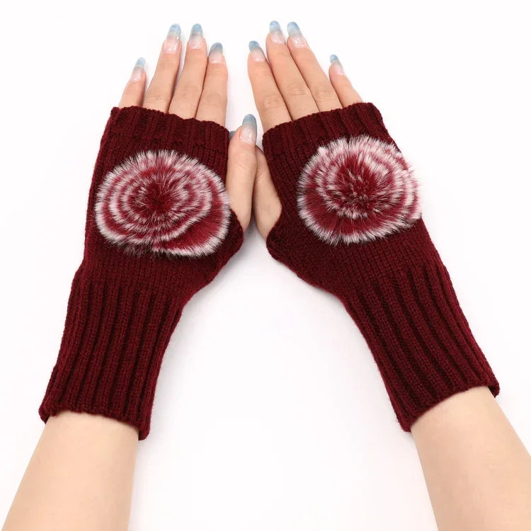 Luvas de Inverno para Mulher Sem Dedos com Bola de Pêlo, Mangas Quentes de Lã Tricotada, Preto, Branco, Cinzento Escuro, Cinzento Claro, Café, Vinho Vermelho, Caqui, Cor Creme