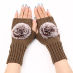Luvas de Inverno para Mulher Sem Dedos com Bola de Pêlo, Mangas Quentes de Lã Tricotada, Preto, Branco, Cinzento Escuro, Cinzento Claro, Café, Vinho Vermelho, Caqui, Cor Creme