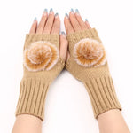 Luvas de Inverno para Mulher Sem Dedos com Bola de Pêlo, Mangas Quentes de Lã Tricotada, Preto, Branco, Cinzento Escuro, Cinzento Claro, Café, Vinho Vermelho, Caqui, Cor Creme