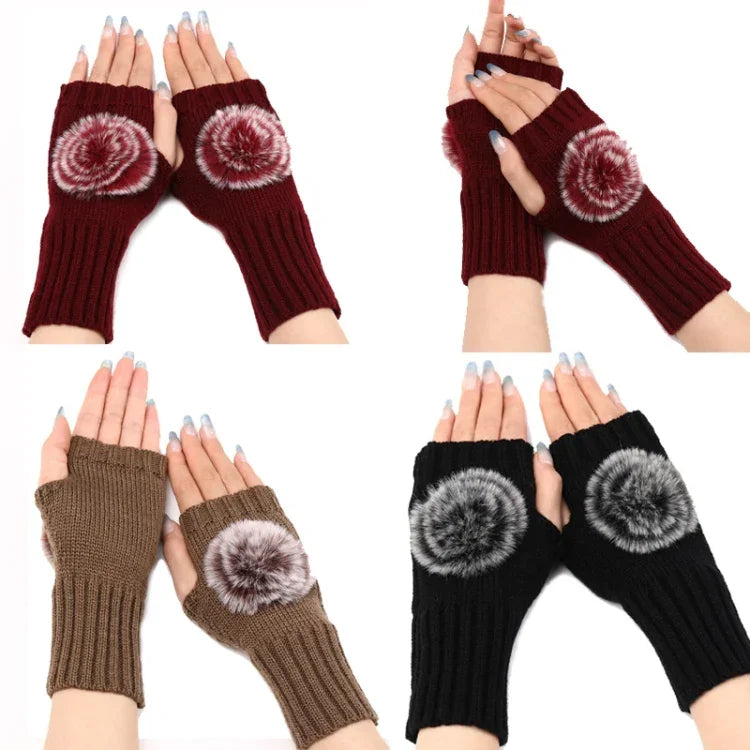Luvas de Inverno para Mulher Sem Dedos com Bola de Pêlo, Mangas Quentes de Lã Tricotada, Preto, Branco, Cinzento Escuro, Cinzento Claro, Café, Vinho Vermelho, Caqui, Cor Creme
