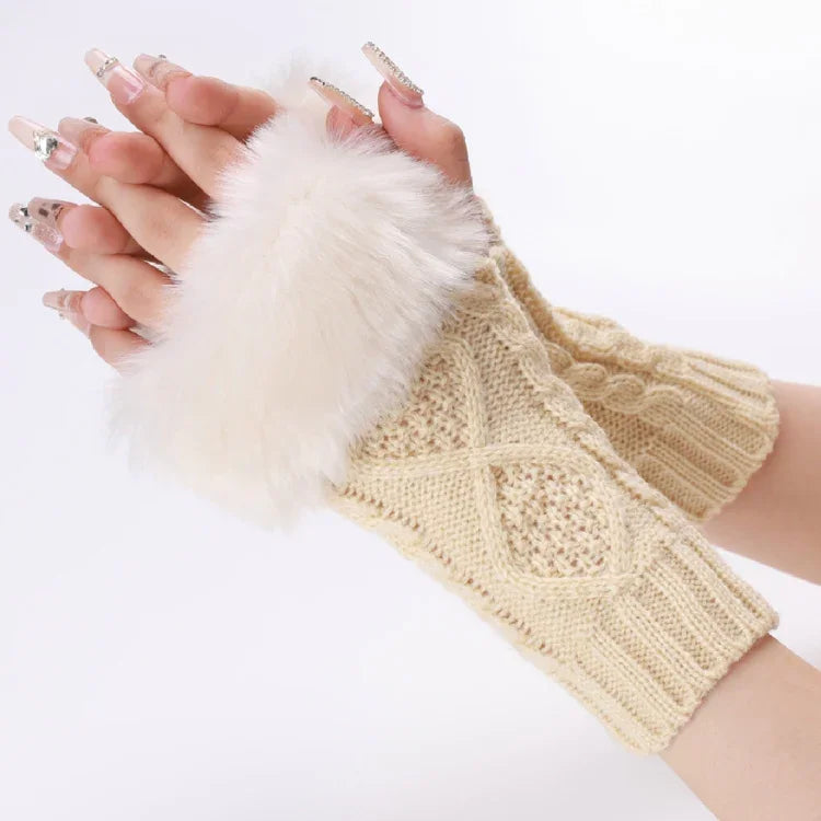 Luvas Curtas Femininas com Pêlo, Mangas Quentes Tricotadas com Diamantes, Sem Dedos, Bege, Cinzento Escuro, Cinzento Claro, Branco, Preto, Vinho Vermelho, Tibetano, Café, Caqui