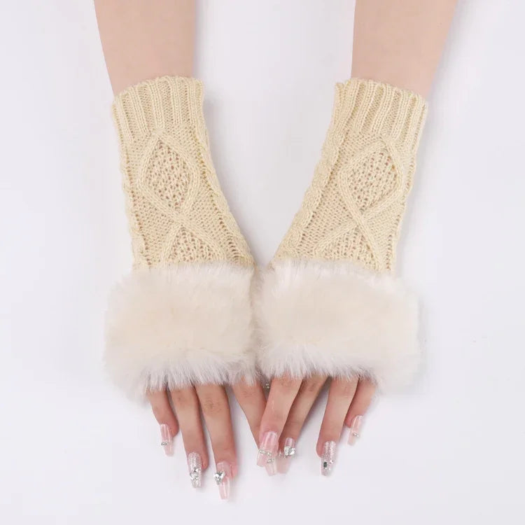 Luvas Curtas Femininas com Pêlo, Mangas Quentes Tricotadas com Diamantes, Sem Dedos, Bege, Cinzento Escuro, Cinzento Claro, Branco, Preto, Vinho Vermelho, Tibetano, Café, Caqui