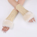 Luvas Curtas Femininas com Pêlo, Mangas Quentes Tricotadas com Diamantes, Sem Dedos, Bege, Cinzento Escuro, Cinzento Claro, Branco, Preto, Vinho Vermelho, Tibetano, Café, Caqui