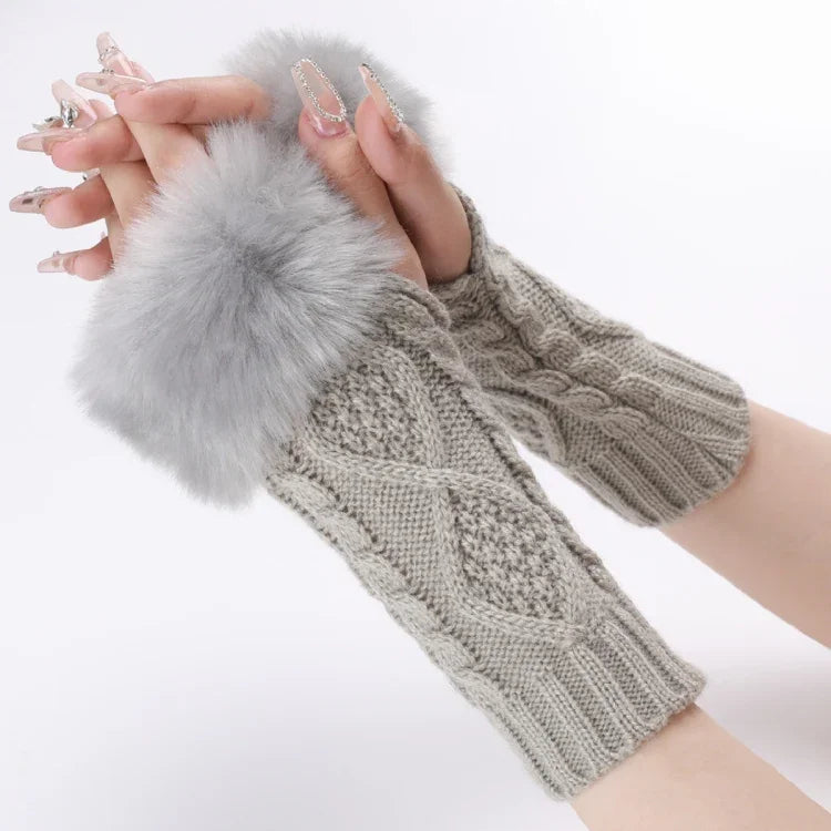 Luvas Curtas Femininas com Pêlo, Mangas Quentes Tricotadas com Diamantes, Sem Dedos, Bege, Cinzento Escuro, Cinzento Claro, Branco, Preto, Vinho Vermelho, Tibetano, Café, Caqui