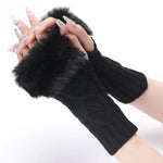 Luvas Curtas Femininas com Pêlo, Mangas Quentes Tricotadas com Diamantes, Sem Dedos, Bege, Cinzento Escuro, Cinzento Claro, Branco, Preto, Vinho Vermelho, Tibetano, Café, Caqui