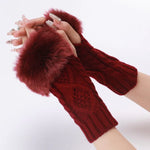Luvas Curtas Femininas com Pêlo, Mangas Quentes Tricotadas com Diamantes, Sem Dedos, Bege, Cinzento Escuro, Cinzento Claro, Branco, Preto, Vinho Vermelho, Tibetano, Café, Caqui