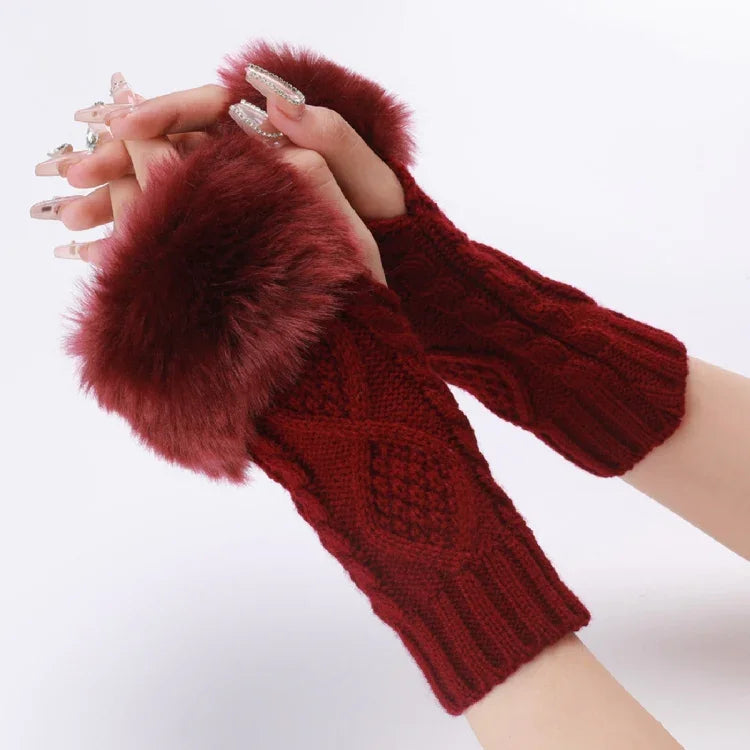 Luvas Curtas Femininas com Pêlo, Mangas Quentes Tricotadas com Diamantes, Sem Dedos, Bege, Cinzento Escuro, Cinzento Claro, Branco, Preto, Vinho Vermelho, Tibetano, Café, Caqui