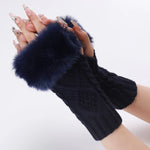 Luvas Curtas Femininas com Pêlo, Mangas Quentes Tricotadas com Diamantes, Sem Dedos, Bege, Cinzento Escuro, Cinzento Claro, Branco, Preto, Vinho Vermelho, Tibetano, Café, Caqui