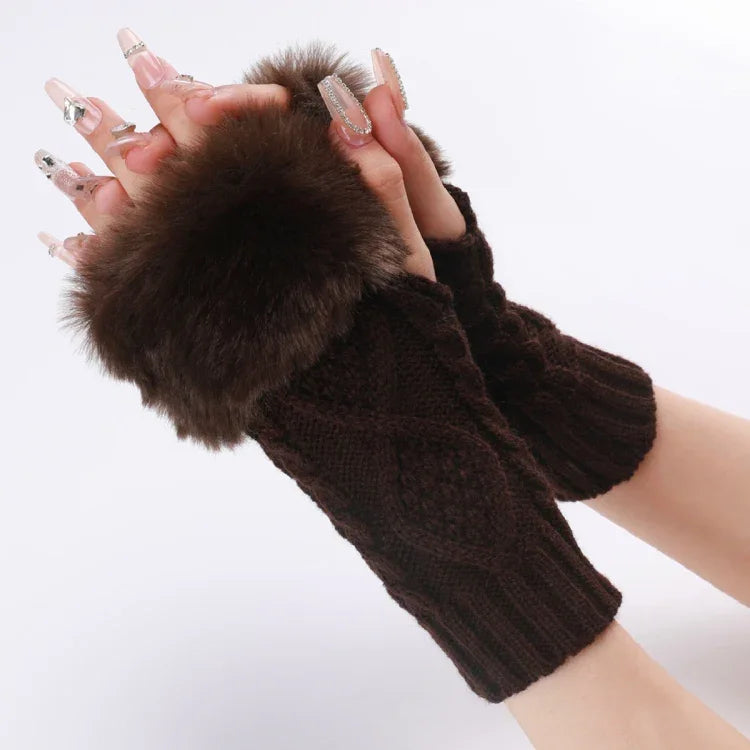 Luvas Curtas Femininas com Pêlo, Mangas Quentes Tricotadas com Diamantes, Sem Dedos, Bege, Cinzento Escuro, Cinzento Claro, Branco, Preto, Vinho Vermelho, Tibetano, Café, Caqui
