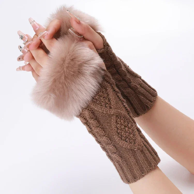 Luvas Curtas Femininas com Pêlo, Mangas Quentes Tricotadas com Diamantes, Sem Dedos, Bege, Cinzento Escuro, Cinzento Claro, Branco, Preto, Vinho Vermelho, Tibetano, Café, Caqui