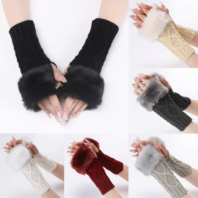 Luvas Curtas Femininas com Pêlo, Mangas Quentes Tricotadas com Diamantes, Sem Dedos, Bege, Cinzento Escuro, Cinzento Claro, Branco, Preto, Vinho Vermelho, Tibetano, Café, Caqui