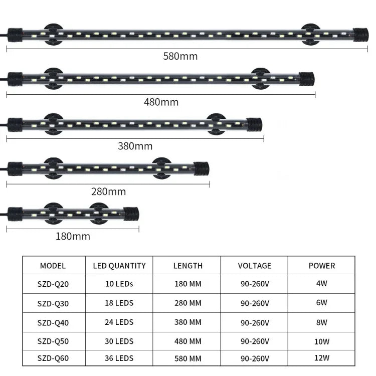 Luz LED para Mergulho em Aquário 90-260V, Luz Azul+Branca Q20BW, Q30BW, Q40BW, Q50BW, Q60BW, Luz RGB Q20CF, Q30CF, Q40CF, Q50CF