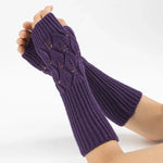 Luvas de lã quentes de ciclismo sem dedos para homens e mulheres de inverno, com padrão jacquard de folhas, Roxo, Preto, Branco, Jujuba, Cinzento Claro, Café, Cinzento Escuro