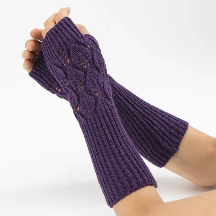 Luvas de lã quentes de ciclismo sem dedos para homens e mulheres de inverno, com padrão jacquard de folhas, Roxo, Preto, Branco, Jujuba, Cinzento Claro, Café, Cinzento Escuro