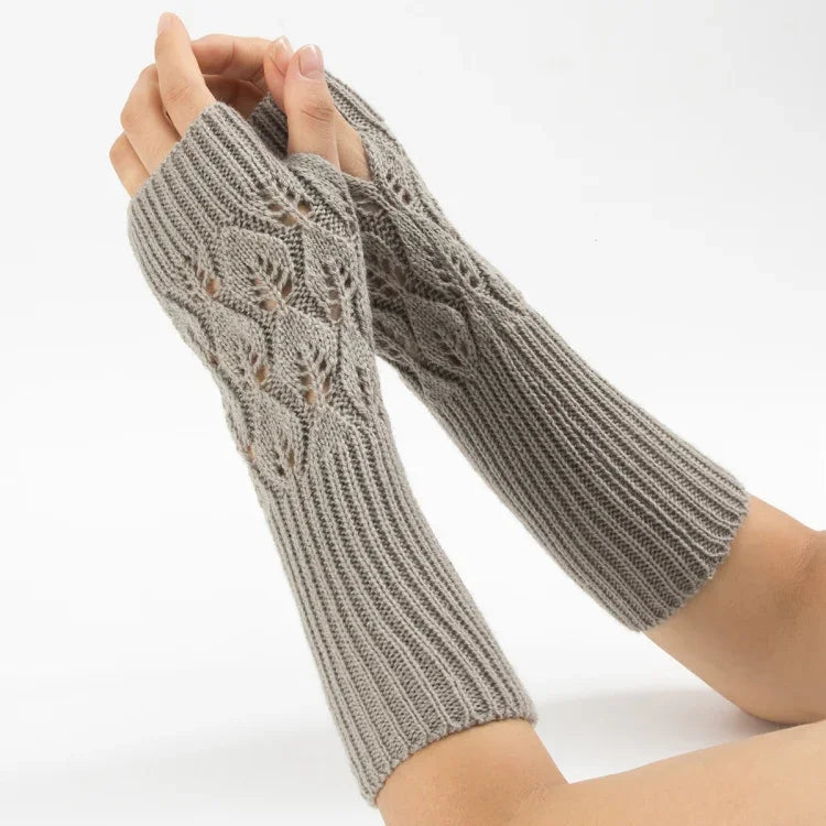 Luvas de lã quentes de ciclismo sem dedos para homens e mulheres de inverno, com padrão jacquard de folhas, Roxo, Preto, Branco, Jujuba, Cinzento Claro, Café, Cinzento Escuro