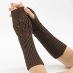 Luvas de lã quentes de ciclismo sem dedos para homens e mulheres de inverno, com padrão jacquard de folhas, Roxo, Preto, Branco, Jujuba, Cinzento Claro, Café, Cinzento Escuro
