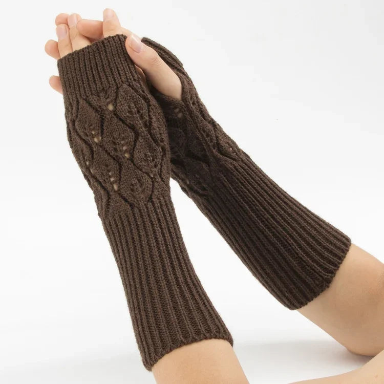 Luvas de lã quentes de ciclismo sem dedos para homens e mulheres de inverno, com padrão jacquard de folhas, Roxo, Preto, Branco, Jujuba, Cinzento Claro, Café, Cinzento Escuro
