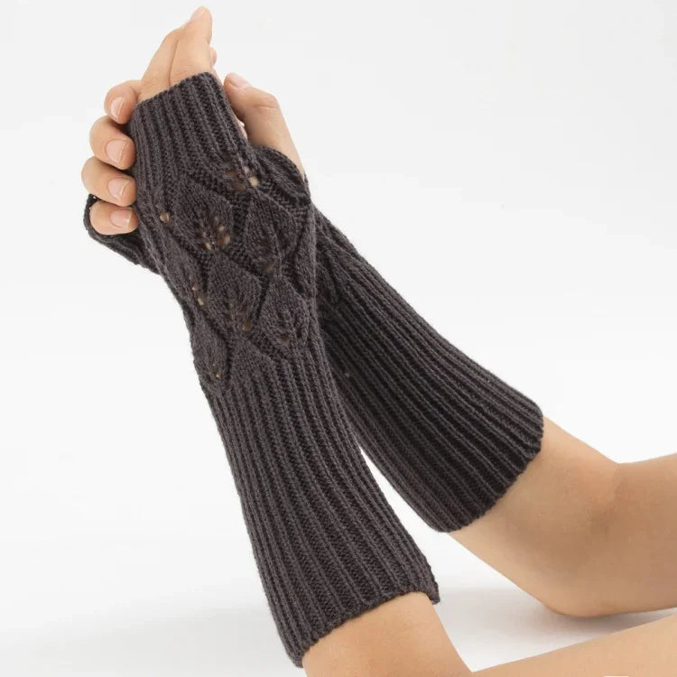 Luvas de lã quentes de ciclismo sem dedos para homens e mulheres de inverno, com padrão jacquard de folhas, Roxo, Preto, Branco, Jujuba, Cinzento Claro, Café, Cinzento Escuro