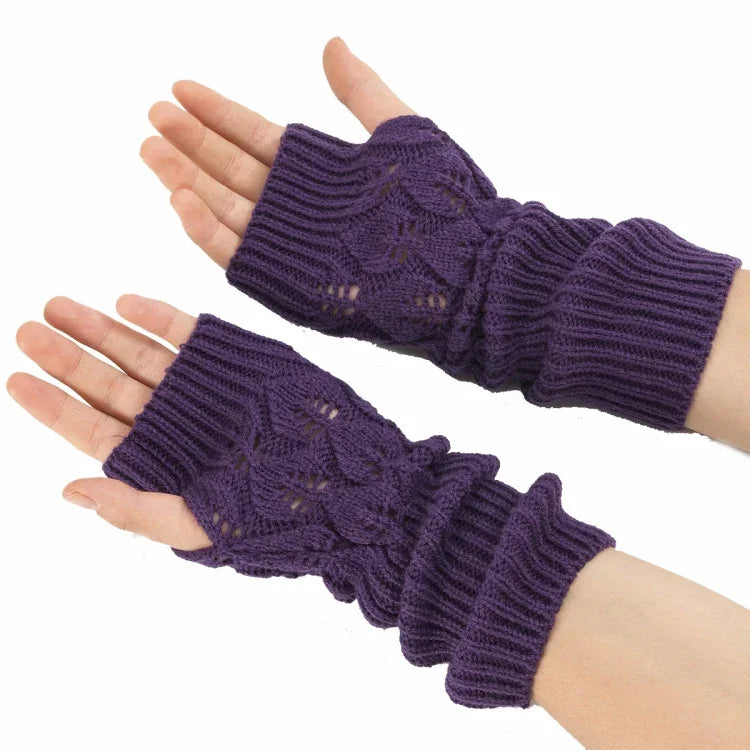 Luvas de lã quentes de ciclismo sem dedos para homens e mulheres de inverno, com padrão jacquard de folhas, Roxo, Preto, Branco, Jujuba, Cinzento Claro, Café, Cinzento Escuro