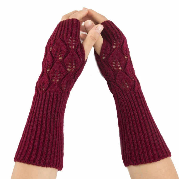 Luvas de lã quentes de ciclismo sem dedos para homens e mulheres de inverno, com padrão jacquard de folhas, Roxo, Preto, Branco, Jujuba, Cinzento Claro, Café, Cinzento Escuro