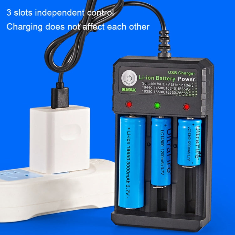 BMAX 18650 Base de Carregamento USB de 3 Slots Carregador Independente de Bateria de Lítio 3.7/4.2V, 3 Slots USB (Preto)
