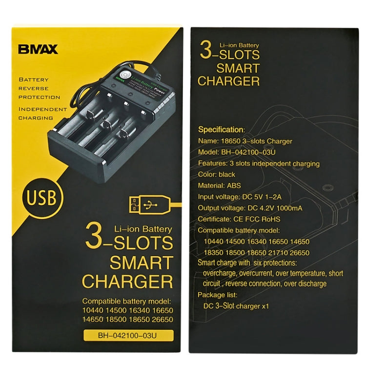 BMAX 18650 Base de Carregamento USB de 3 Slots Carregador Independente de Bateria de Lítio 3.7/4.2V, 3 Slots USB (Preto)