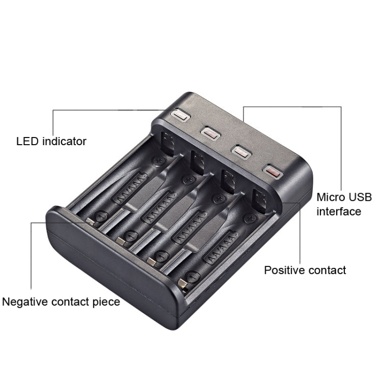 BMAX BH-804U Carregador USB Independente de 4 Slots para Pilhas Recarregáveis AA/AAA 1.2V, 4 Slots Micro USB (Preto)