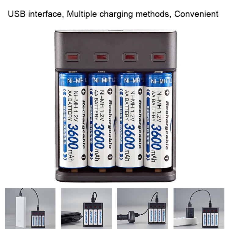 BMAX BH-804U Carregador USB Independente de 4 Slots para Pilhas Recarregáveis AA/AAA 1.2V, 4 Slots Micro USB (Preto)