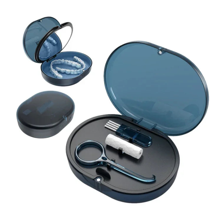Caixa de Armazenamento com Espelho de Beleza para Suporte de Aparelho Ortodôntico Magnético com Cola de Mastigar, Preto, Azul-Marinho