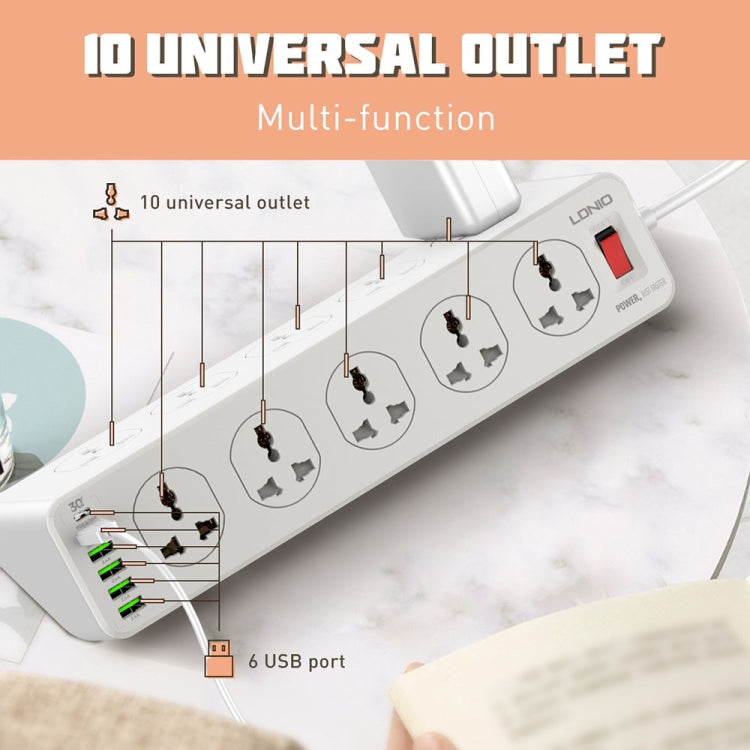 Tomada Multifuncional de Viagem, Casa e Escritório LDNIO SC10610 30W 10+6 Portas com Carregamento Rápido, Especificações:, Ficha UK, Ficha EU, Ficha US