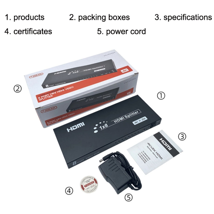 Divisor HDMI 8 Portas FJGEAR SM4K108 4K HD Áudio e Vídeo, Ficha EU, SM4K108
