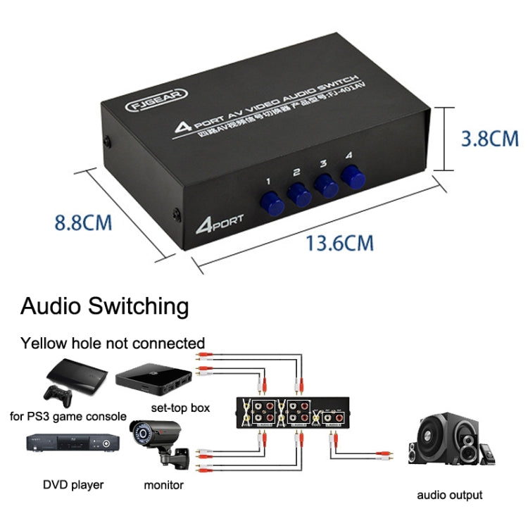 Comutador AV de Áudio e Vídeo FJGEAR FJ-401AV com Interface Lotus de 4 Vias, FJ-401AV