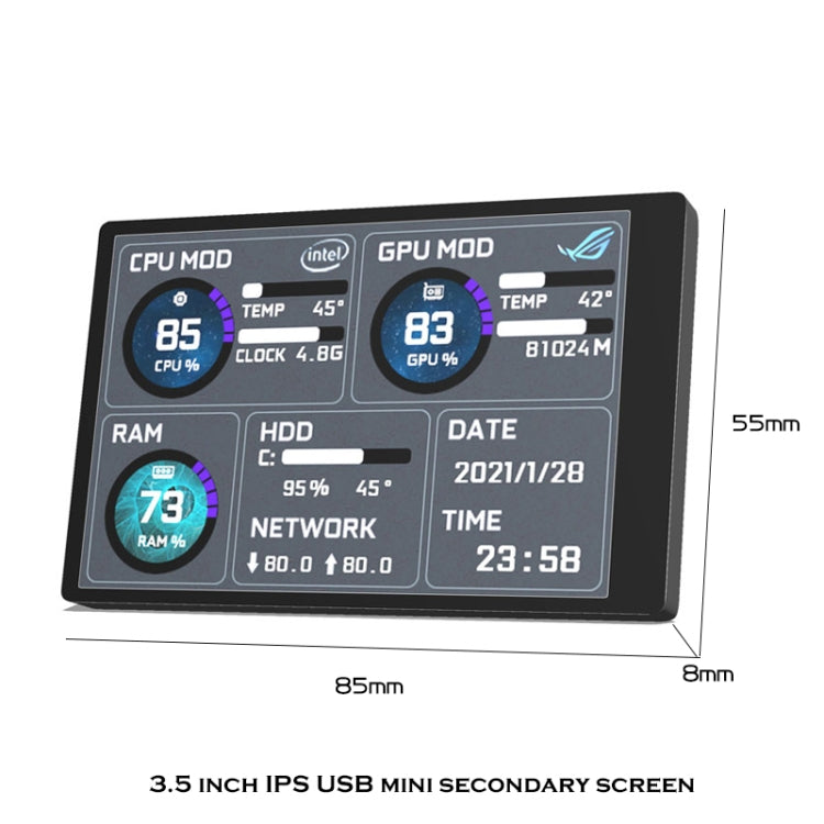 Monitor de Computador de 3,5 Polegadas IPS Visualização Total USB Chassis Tela Secundária, Conjunto 1 (Preto), Conjunto 1 (Branco), Conjunto 2 (Preto), Conjunto 2 (Branco), Conjunto 3 (Preto), Conjunto 3 (Branco)