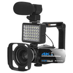 Câmara de vídeo digital 4K zoom 5600PX preta, com luz de preenchimento + lente grande angular, com capuz + microfone + lente grande angular, com kit de estabilizadores