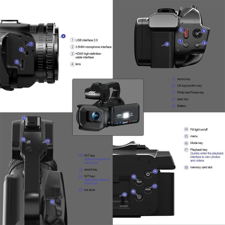Câmara de vídeo digital portátil com ecrã tátil de 4 polegadas 64MP, 4K 16G, 4K 32G, 4K 64G