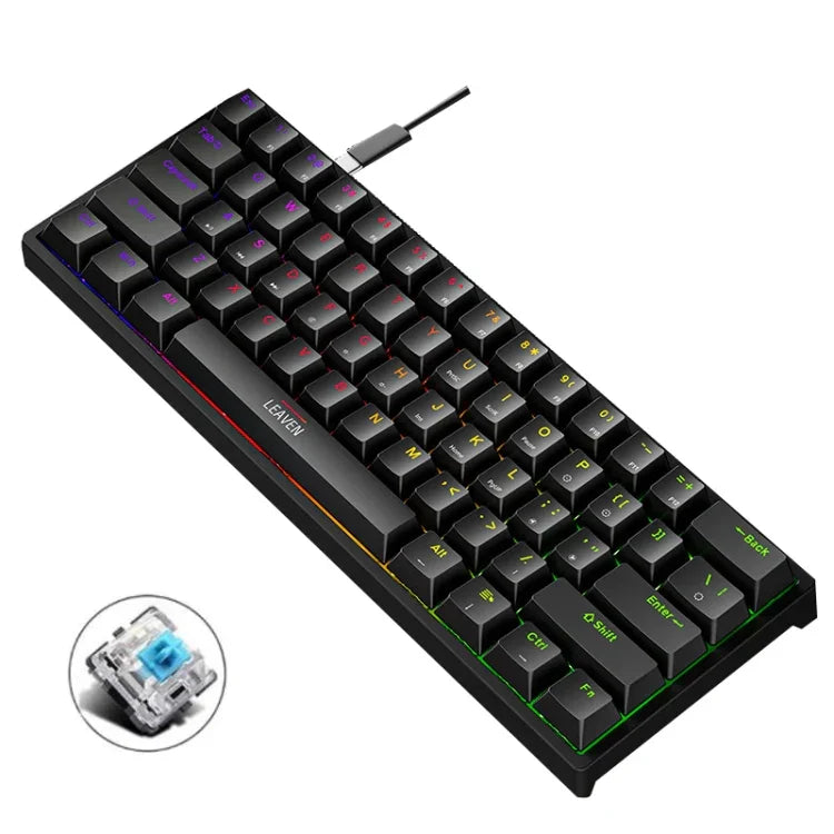 Teclado Mecânico com Iluminação e Plugue a Quente LEAVEN K620 61 Teclas, Comprimento do Cabo: 1.8m, Eixo Verde Preto, Eixo Verde Branco, Eixo Verde Azul, Eixo Verde Rosa, Eixo Preto Vermelho Branco, Eixo Verde Branco Preto, Eixo Verde Branco Preto