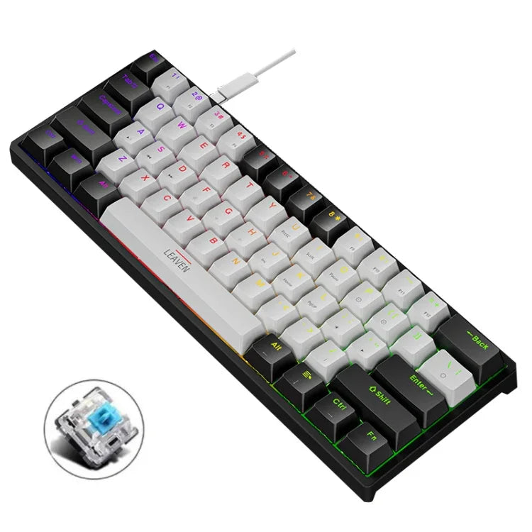 Teclado Mecânico com Iluminação e Plugue a Quente LEAVEN K620 61 Teclas, Comprimento do Cabo: 1.8m, Eixo Verde Preto, Eixo Verde Branco, Eixo Verde Azul, Eixo Verde Rosa, Eixo Preto Vermelho Branco, Eixo Verde Branco Preto, Eixo Verde Branco Preto