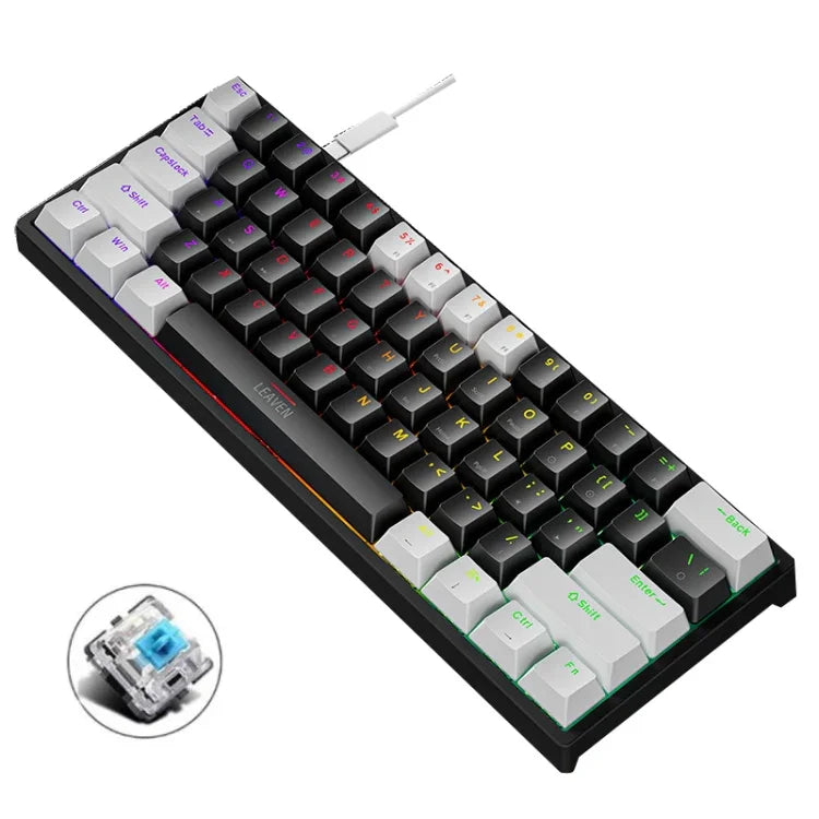 Teclado Mecânico com Iluminação e Plugue a Quente LEAVEN K620 61 Teclas, Comprimento do Cabo: 1.8m, Eixo Verde Preto, Eixo Verde Branco, Eixo Verde Azul, Eixo Verde Rosa, Eixo Preto Vermelho Branco, Eixo Verde Branco Preto, Eixo Verde Branco Preto