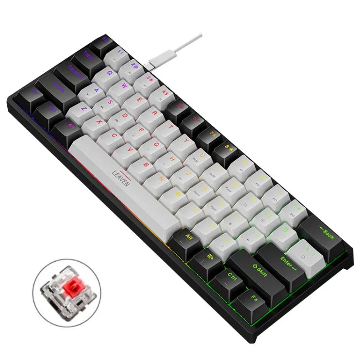 Teclado Mecânico com Iluminação e Plugue a Quente LEAVEN K620 61 Teclas, Comprimento do Cabo: 1.8m, Eixo Verde Preto, Eixo Verde Branco, Eixo Verde Azul, Eixo Verde Rosa, Eixo Preto Vermelho Branco, Eixo Verde Branco Preto, Eixo Verde Branco Preto