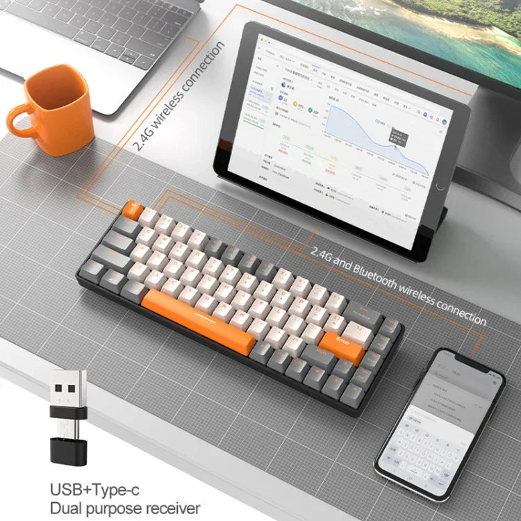 ZIYOU LANG K68 Teclado Mecânico Sem Fios Bluetooth Dual Model com 68 Teclas, Estilo:, Versão Eixo Vermelho (Cintilante), Versão Eixo Verde (Cinza), Versão Eixo Vermelho (Cinza)