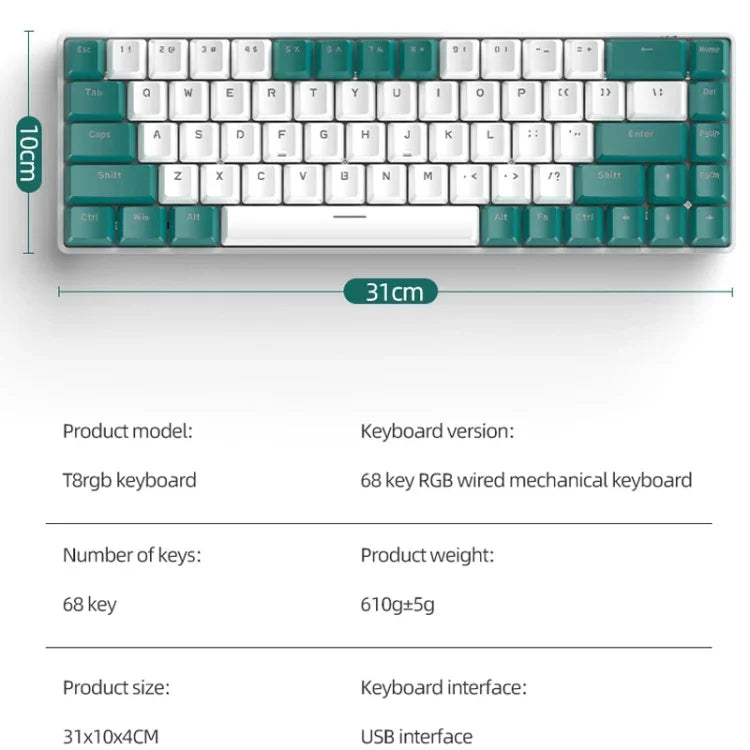 ZIYOU LANG T8 Teclado Mecânico Gaming RGB com 68 Teclas, Comprimento do Cabo: 1,5m, Estilo:, Versão Micro Light T8 Eixo Verde