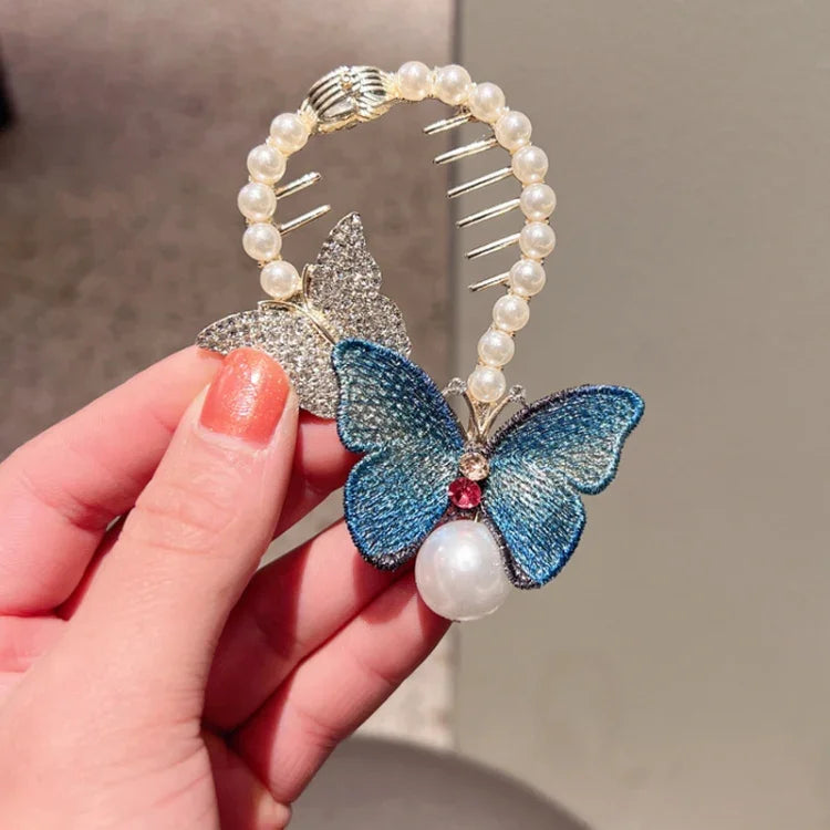 Presilha de Cabelo Borboleta com Strass Bordada para Rabo de Cavalo